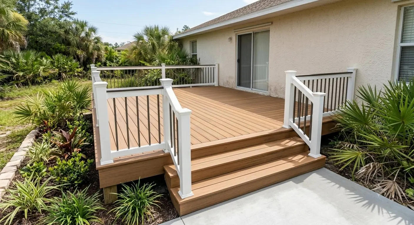 Custom composite deck with white railing built in Tarpon Springs Florida