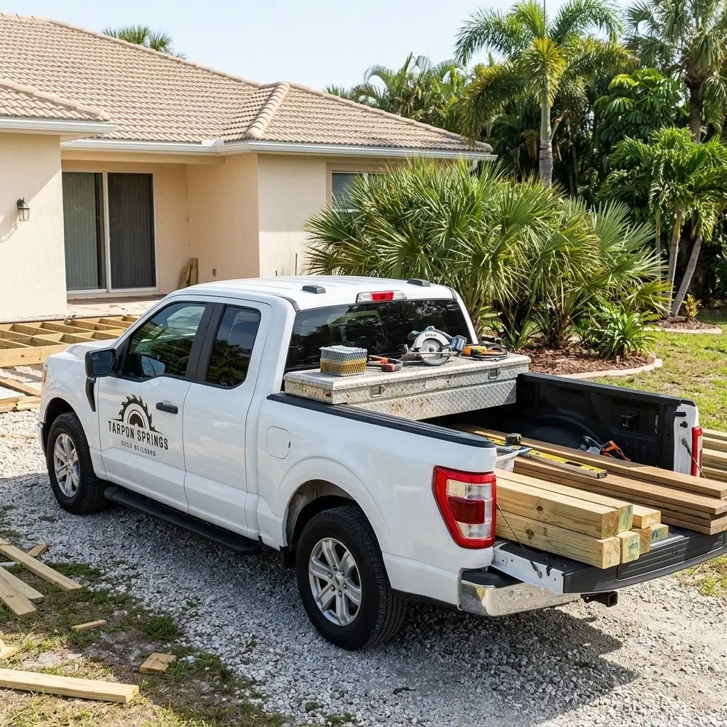 Deck builder drilling composite decking boards on a Tarpon Springs job site