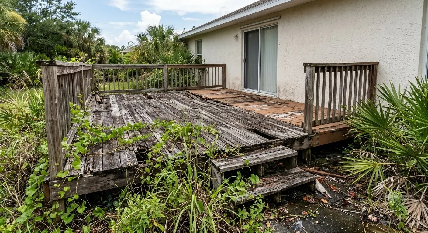 Old rotted wood deck in Tarpon Springs in need of repair and resurfacing