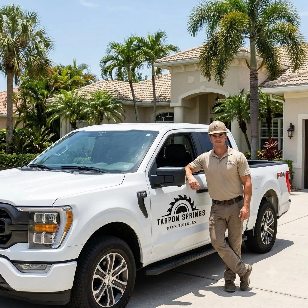 Tarpon Springs Deck Builders branded work truck parked at a job site